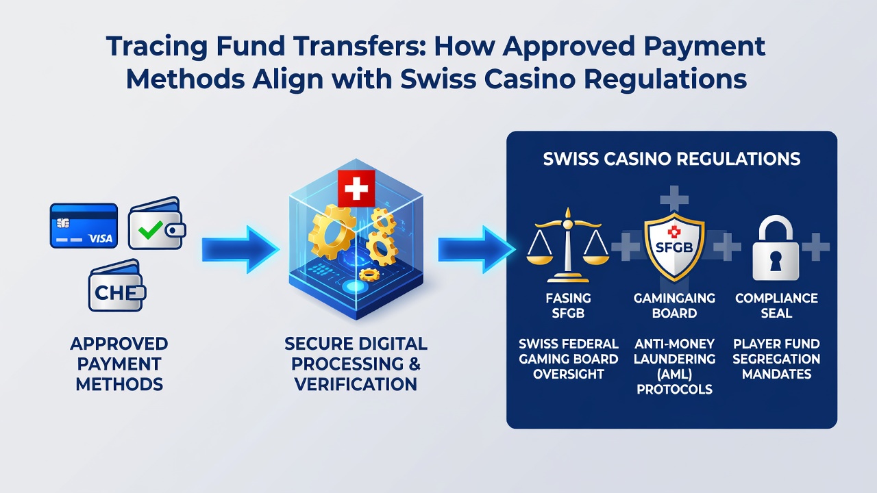 Diagram showing transaction flow from approved payment methods through Swiss casino compliance systems